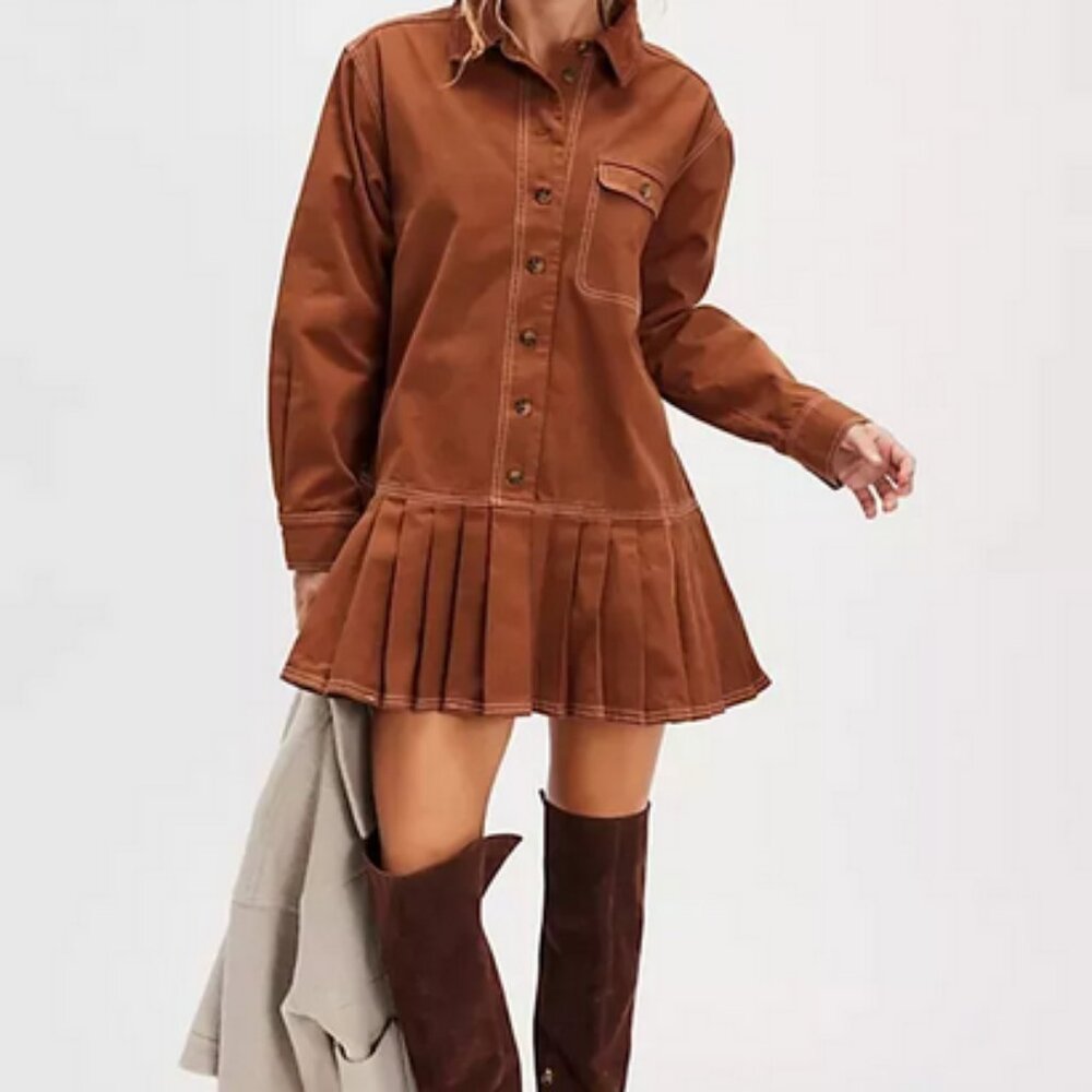 Free People Connor Mini Dress Buttondown Golden Brown Denim